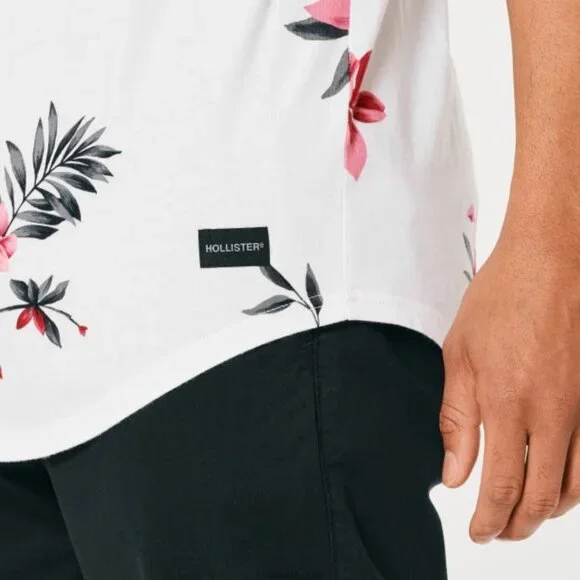 Hollister Men Longline Curved Hem Floral Pattern White Short Sleeve T-Shirt - XS - Picture 5 of 10